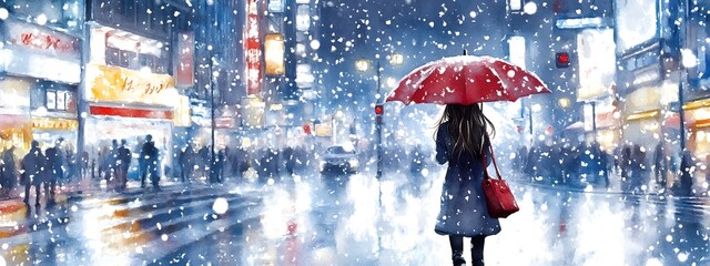 A girl in the city, walking with an umbrella under heavy snowfall, in the style of watercolor