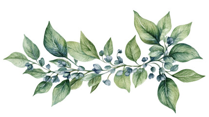 Naklejka premium Botanical Watercolor Corner Frame with Green Leaves and Subtle Blossoms for Spring Design and Wedding Invitations on White Background with Copy Space