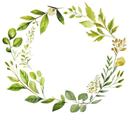 Elegant Spring Botanical Wreath with Hand-Painted Green Leaves on White Background for Greeting Cards and Invitations