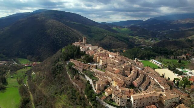Most beautiful medieval villages of Umbria region in Italy - Nocera Umbra. Perugia province, Aerial drone video of scenic town