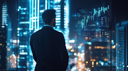 Businessman reviewing financial trends and growth plans for 2025, working toward positive global indicators and market success.