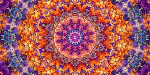 Obraz premium Vibrant Kaleidoscopic Symmetry with Intricate Floral Patterns in Purple, Orange, and Blue hues