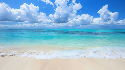 Fototapeta premium White sand beach. Maldives, Caribbean tropical sand beach view with sky reflection. Beach with sky and clouds