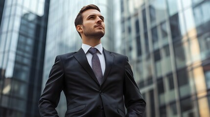 Fototapeta premium Confident Corporate Businessman Standing Against Urban Skyscraper Background