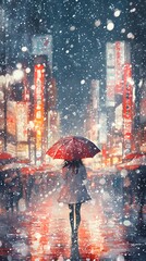 A girl in the city, walking with an umbrella under heavy snowfall, in the style of watercolor