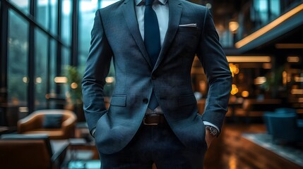 Well-Dressed Businessman Confidently Stands in Elegant Corporate Office Setting