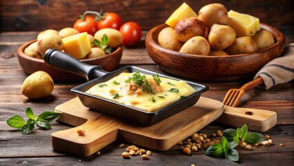 Delicious traditional melted raclette cheese on diced potato with Swiss flavor