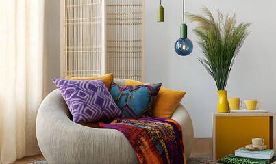  Contemporary interior design featuring a curved sofa, vibrant throw blankets, and geometric pillows, accented by a minimalist hanging lamp. 