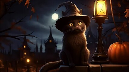 Black cat wearing witch hat sits. Rural scene with moon and spooky old ghost house.