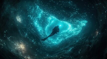 Fototapeta premium A diver navigates through a stunning underwater cave, surrounded by glowing blue light, revealing the beauty of marine exploration and tranquility