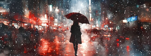 A girl in the city, walking with an umbrella under heavy snowfall, in the style of watercolor