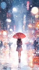 A girl in the city, walking with an umbrella under heavy snowfall, in the style of watercolor