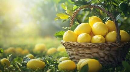 Basket Full of Fresh Lemons with Lemon Trees in the Background, Blurred Nature Scene