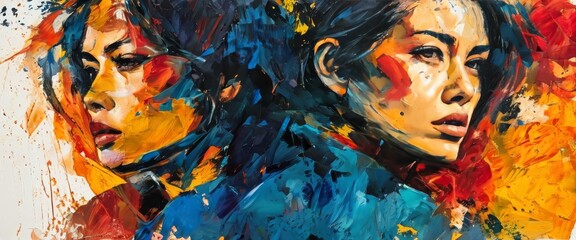 Dynamic abstract portrait of two women featuring bold, expressive brushstrokes in vibrant hues of red, blue, and yellow. The energetic composition captures the intense emotion and contrasts between