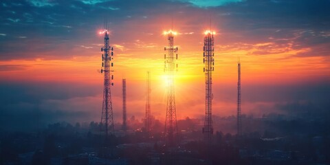 Telephony cell tower networks in telecommunication, showcasing radiating signals and robust voice communication.