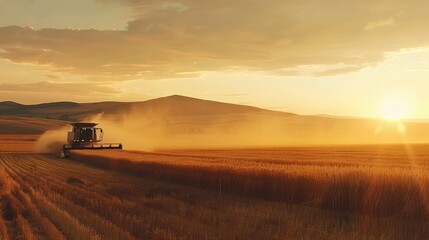 Fototapeta premium Modern Combine in Golden Wheat Field at Sunset