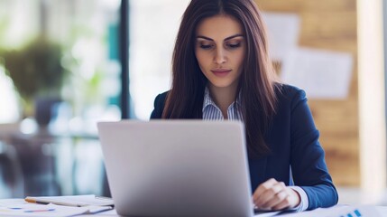 Focused businesswoman working on laptop in bright office space