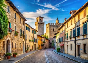 Obraz premium Serene Empty Streets Leading to the Ancient Castle in Padenghe, Italy Under a Clear Blue Sky