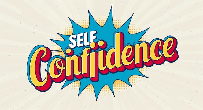 self confidence word lettering in retro pop art style design on plain white background