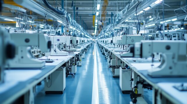 A spacious textile factory with rows of sewing machines and illuminated workspaces during the day