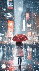 A girl in the city, walking with an umbrella under heavy snowfall, in the style of watercolor