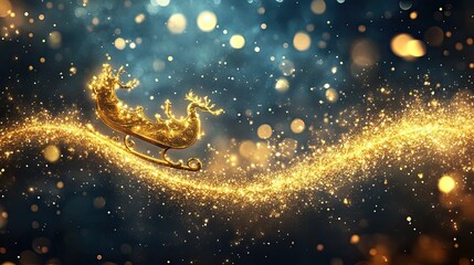Obraz premium Golden Sleigh Magic: A shimmering golden sleigh cuts through a wave of sparkling stardust, evoking the magic and wonder of a winter's night. The scene is bathed in a warm, inviting glow.