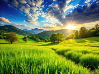 Naklejka premium Serene Meadow Landscape Wallpaper with Lush Grass and Clear Blue Sky Perfect for Nature Lovers