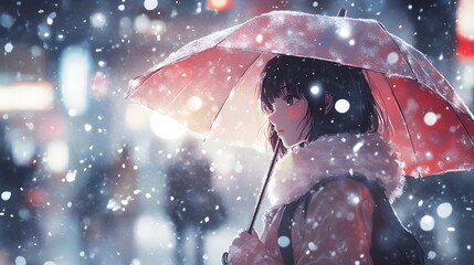 A girl in the city, walking with an umbrella under heavy snowfall, in the style of watercolor