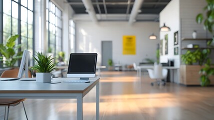 Cozy Modern Workspace with Laptop and Greenery on Minimalist Desk