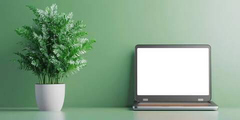 modern laptop with blank screen beside lush green plant, creating serene workspace