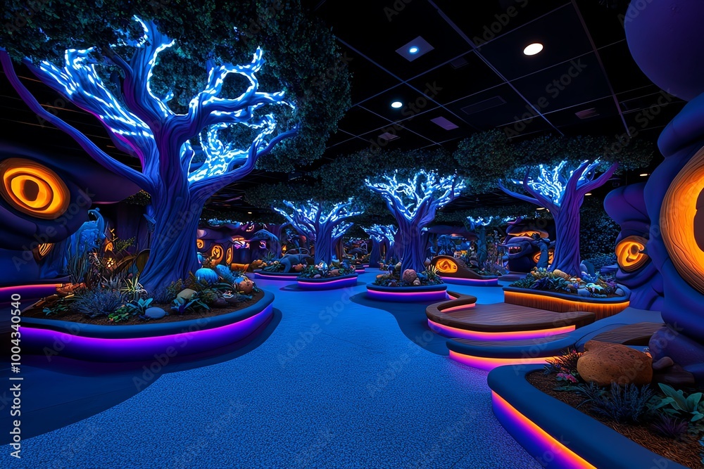 Poster a fantasy jungle habitat with mythical animals, where the trees glow with otherworldly light, and en