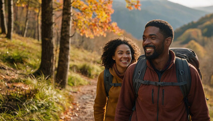 Couple hiking together on a forest trail in autumn