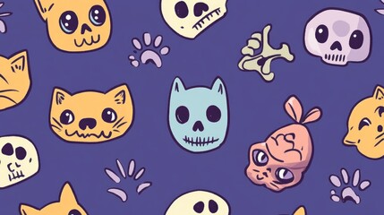 Cute Cats, Dogs, and Skulls Doodle Pattern Design for Creative Projects