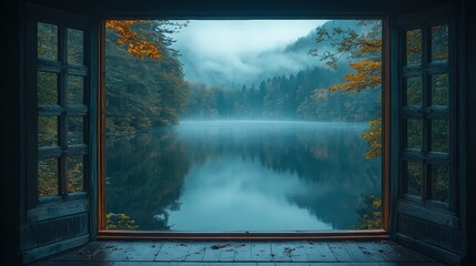 Serene view of a misty lake framed by open windows.