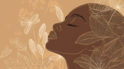 Boho chic meets retro elegance of an art deco poster in muted earth tones, adorned with flowers and leaves in a simple line drawing. Deco Art. Illustration