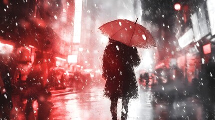 A girl in the city, walking with an umbrella under heavy snowfall, in the style of watercolor