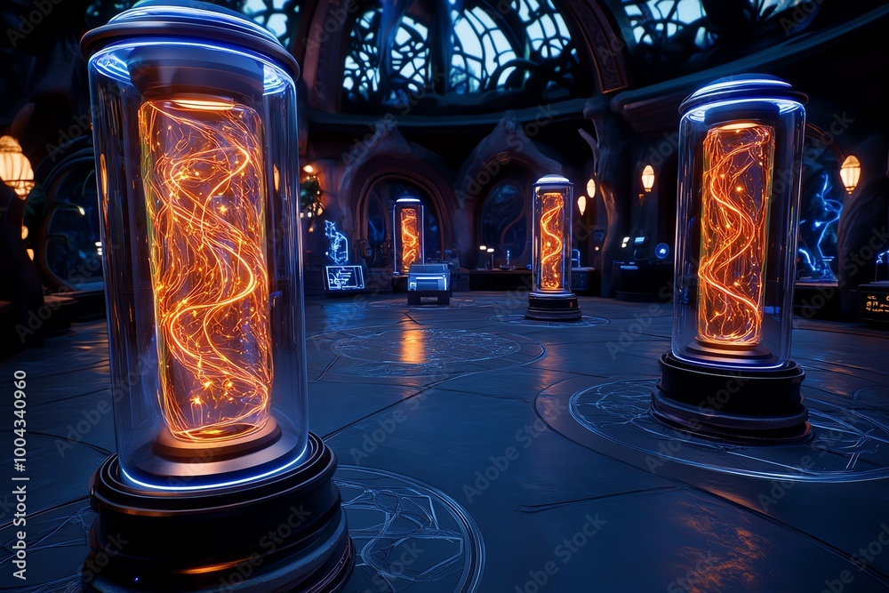 Poster A fantasy lab where scientists mix magic and technology to create tomorrowâ€™s innovations, with glowing AI and enchanted devices creating a vibrant, otherworldly scene