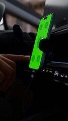 In a car interior, likely driven by a taxi or rideshare driver, a hand touches a smartphone with a green mockup screen mounted on the dashboard