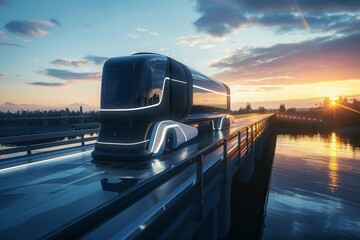 A futuristic truck on the road, an Autonomous truck with artificial intelligence, drives over a bridge over the river Cargo delivery, transportation of the future. Artificial intelligence Self-driving