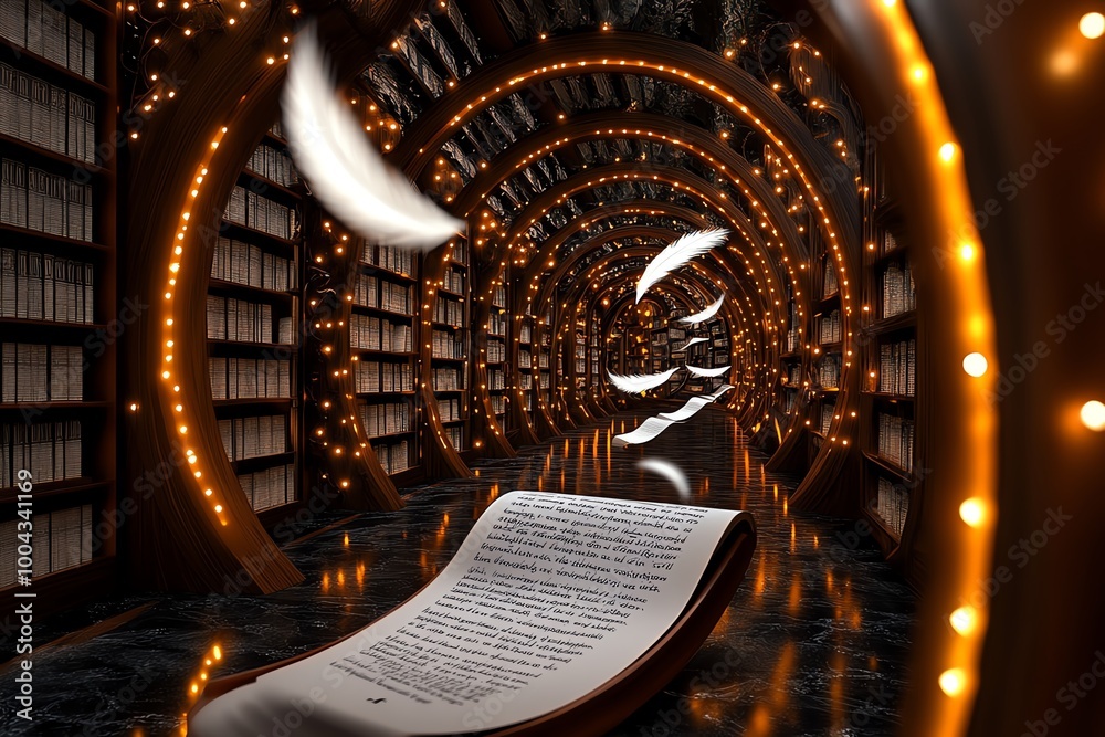 Poster A fantasy library filled with scrolls of yesterdayâ€™s news, where magical quills float and record the dayâ€™s events, glowing with ethereal light