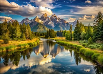 Fototapeta premium Serene Snake River Flowing by Grand Tetons with Scenic Walking Trail at Schwabacher Landing Wyoming