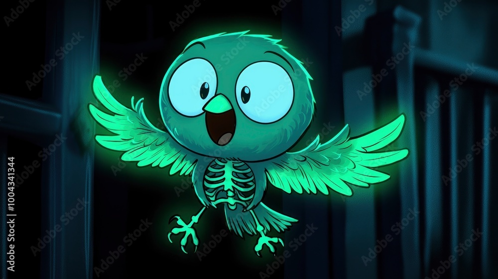 Poster Glowing Cartoon Bird Flying Through Window