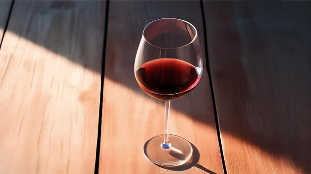 Red wine in wineglass on wooden table. Animated video.