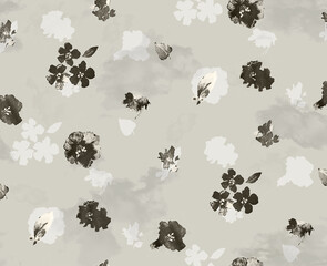 Seamless watercolor effect flowers pattern, floral illustration. Fabric texture design.