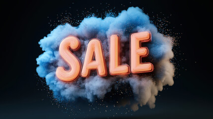 Dynamic explosion of neon colored 3D text reading SALE surrounded by colorful clouds, creating eye catching promotional visual. Perfect for marketing and advertising