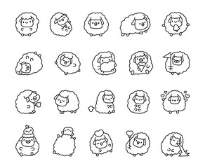 Cute kawaii sheep. Coloring Page. Funny cartoon farm character. Hand drawn style. Vector drawing. Collection of design elements.