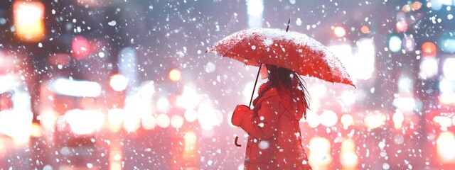 A girl in the city, walking with an umbrella under heavy snowfall, in the style of watercolor
