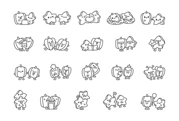 Cute carambola couple. Coloring Page. Adorable cartoon fruit character. Hand drawn style. Vector drawing. Collection of design elements.