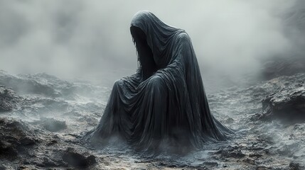 the grim reaper depicted as a spectral figure in a dark shadowy landscape draped in black robes a haunting yet contemplative atmosphere surrounds this personification of mortality