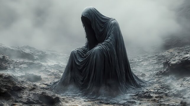 the grim reaper depicted as a spectral figure in a dark shadowy landscape draped in black robes a haunting yet contemplative atmosphere surrounds this personification of mortality
